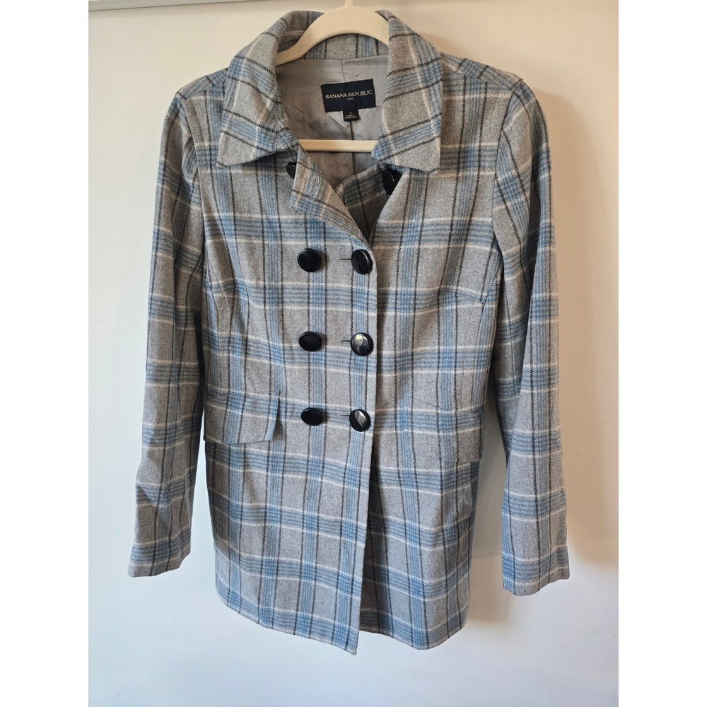 Banana Republic Womens Grey Blue Plaid Wool Blend Double Breasted Peacoat Size S